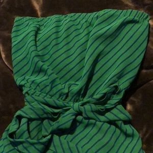 Green and blue strapless dress